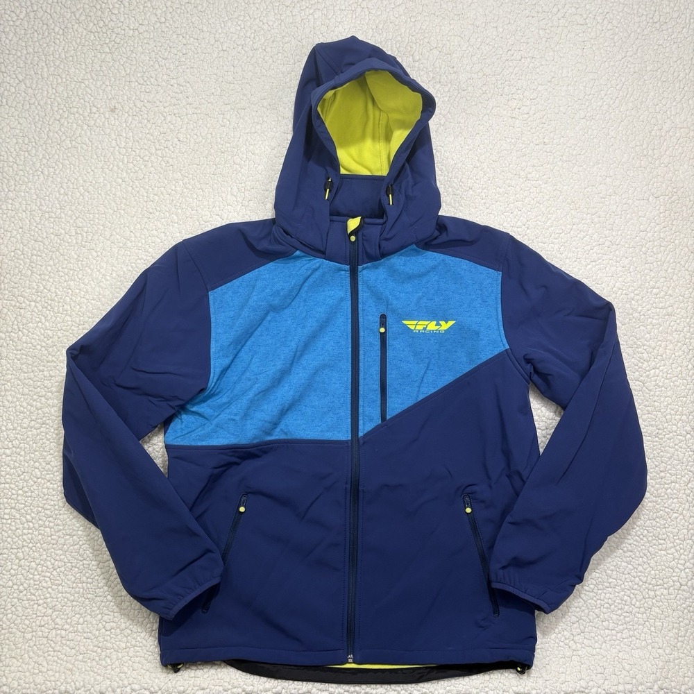 Fly Racing Checkpoint Jacket Navy Blue Yellow Mens L Water Wind Resistant Hooded